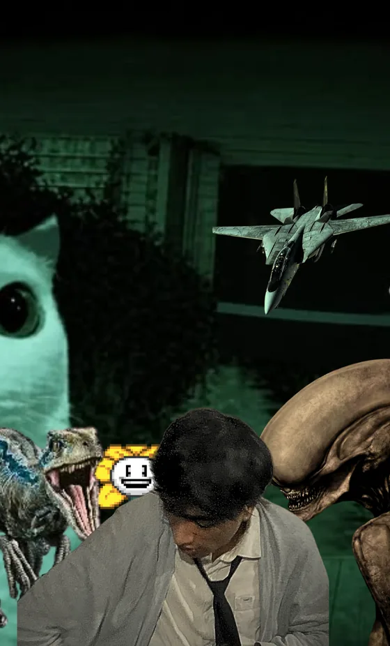 A collage of me looking down at a desk, surrounded by a velociraptor, Flowey from Undertale, a Xenomorph, a fighter jet and an enormous cat.